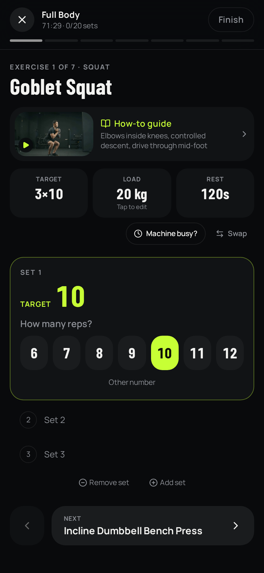 The fitgyde app mid-workout: Goblet Squat, set 1, tap to log your reps